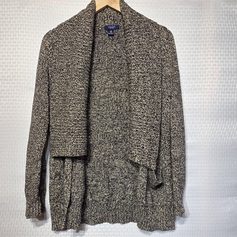 CHAPS Marled Knit Sweater – Size M – Black & White Women's Pockets Open Front...